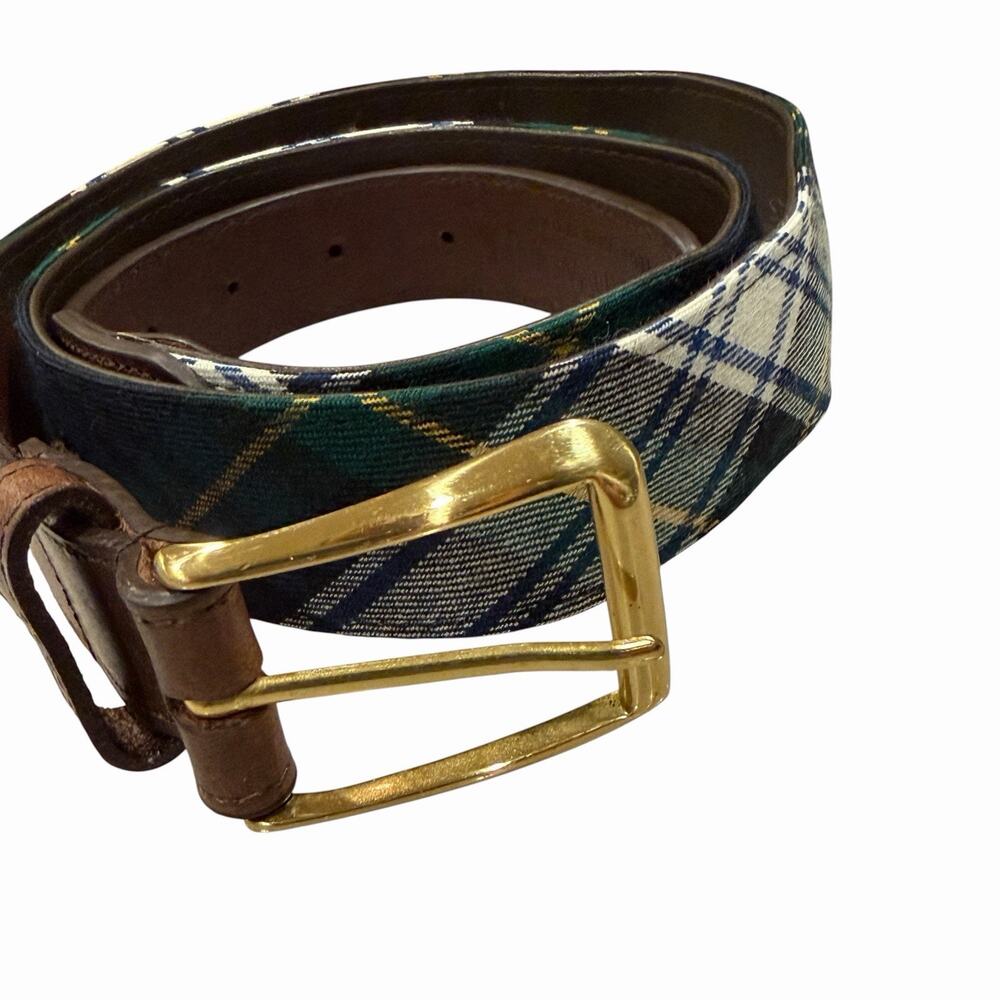 F.H. Wadsworth NYC Brown Leather Brass Belt Wool Tartan Plaid Green Yellow 38